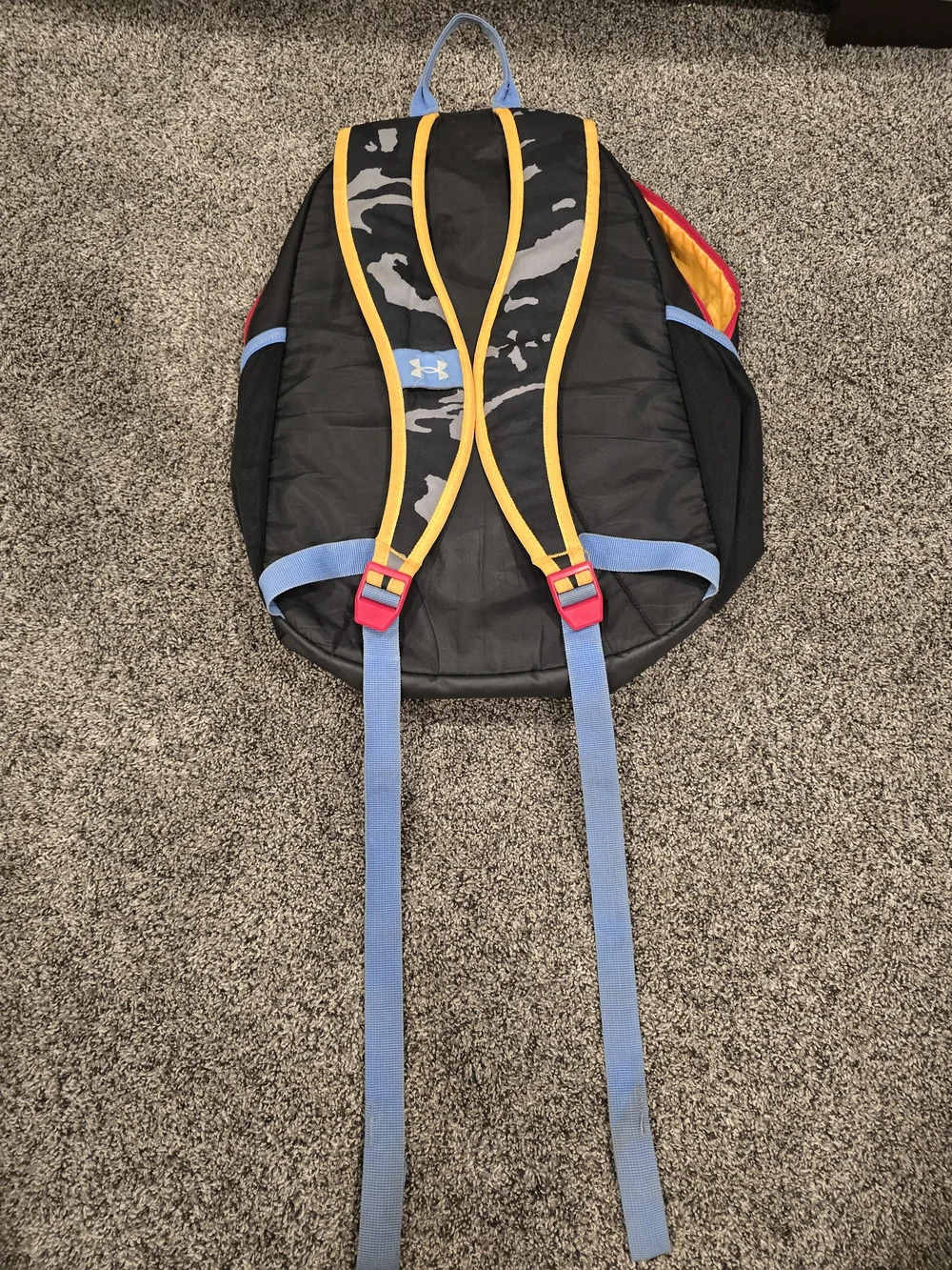 Under Armour Black Camo Backpack with Orange Trim and Red Bungees